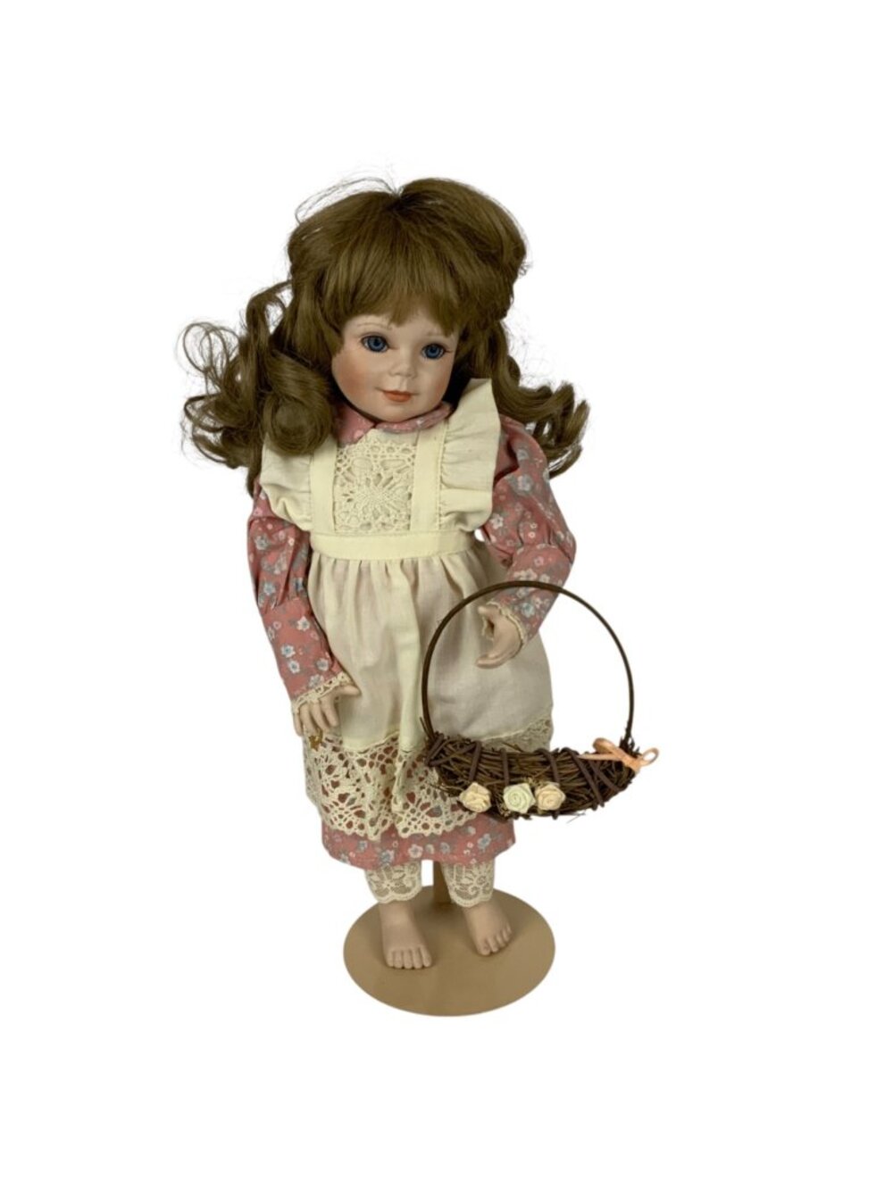 Days Of The Week Mondays Child Porcelain Doll By Gorham With Basket & Stand